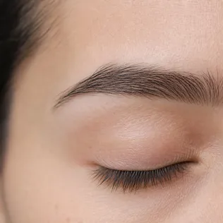 Close-up of a natural full eyebrow with a soft arch above a closed eye